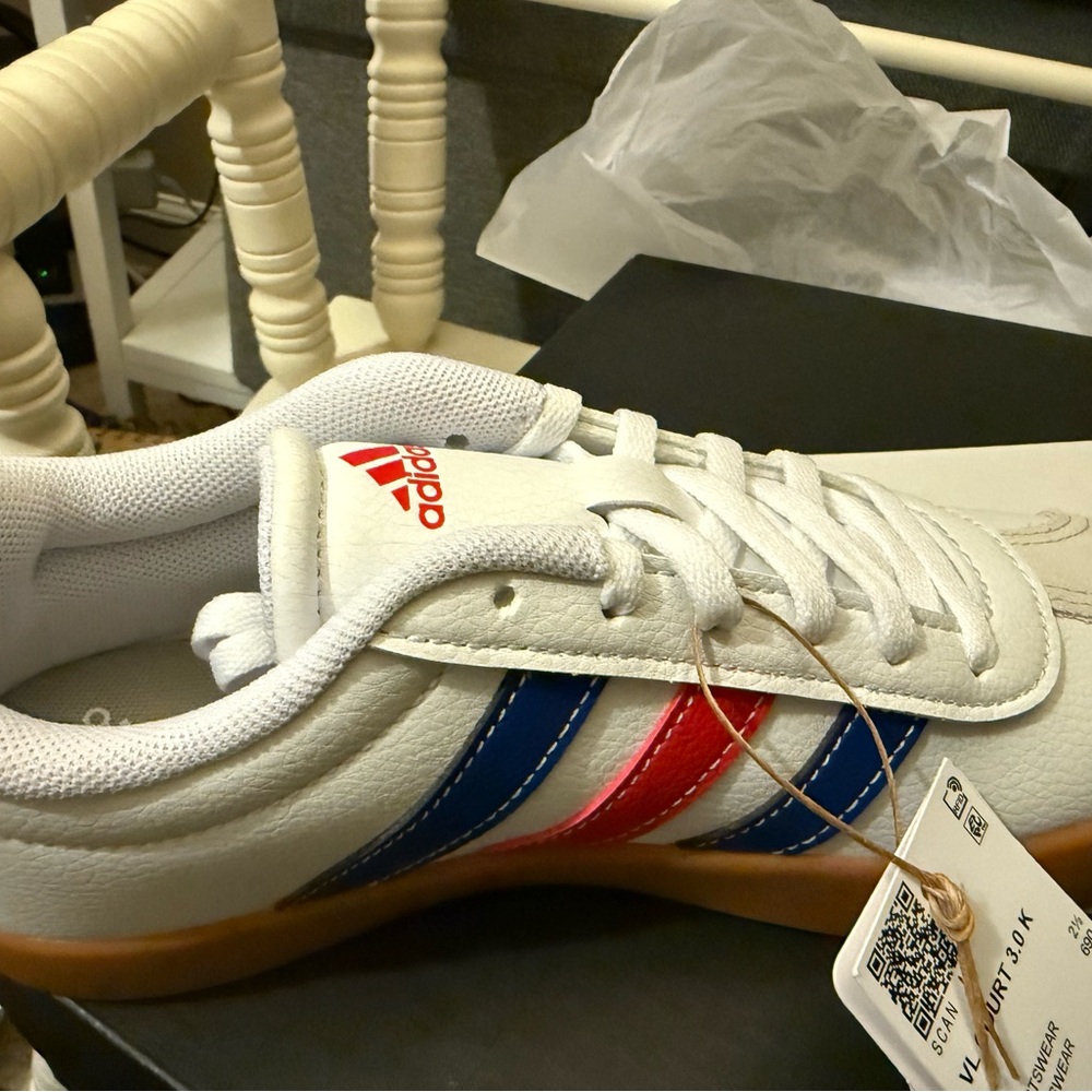 Adidas Kids' White Sneakers with Red and Blue Accents